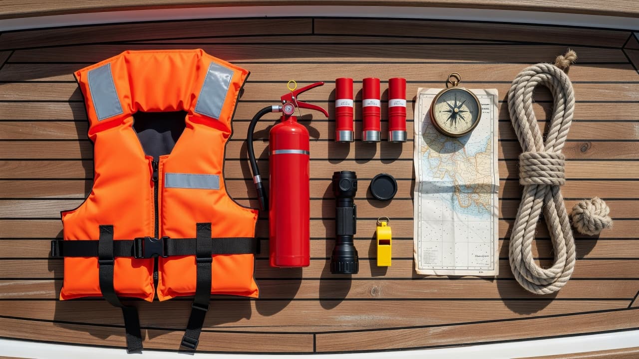 Équipement de sécurité obligatoire à bord (division 240) : gilet, extincteur, fusées, compas, carte marine